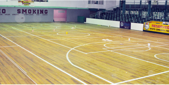 ALMOST FINISHED! The Cliff Anderson Sports Hall Floor has been painted to facilitate the playing of basketball and other indoor sports. (Orlando Charles photo) 