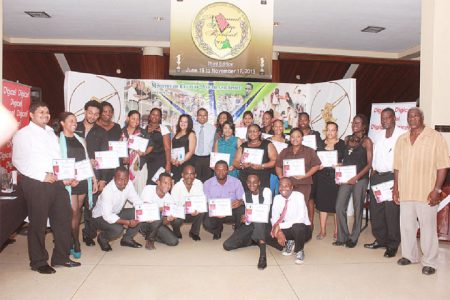 Awardees pose with their certificates along with Minister of Culture, Frank Anthony (centre) at the launch of the Third Edition of the National Drama Festival at the National Cultural Centre last evening. 