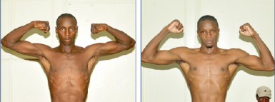 Let It Rip! Dexter ‘The Cobra’ Gonsalves and Revlon Lake display their ripped physiques at last night’s weigh in ahead of tonight’s national junior lightweight bout at the Uitvlugt Community Centre Ground.  (Orlando Charles photos)