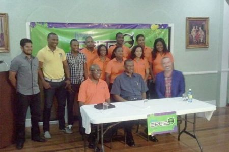 From left Ramnaresh Sarwan, Christopher Barnwell and Trevon Griffith among local CPL team members.
At the table from left; Events Operation Limacol CPL Guyana, Alex Graham, Coach Guyana Amazon Warriors, Roger Harper and CPL Commercial Manager, Jamie Stewart.