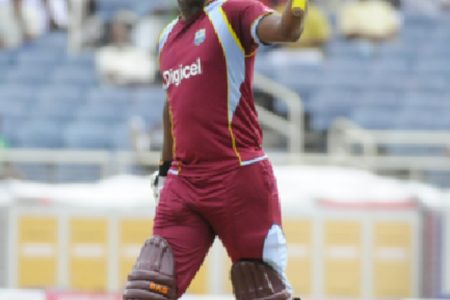 Man of the match Johnson Charles celebrates reaching his half century. (Photo courtesy of West Indies media)
