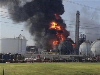 A large fire burns at the Williams Olefins chemical plant in Geismar, Louisiana