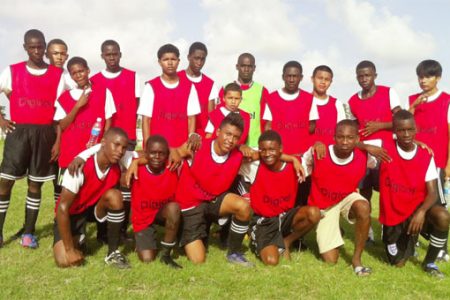 The President’s College team after defeating Lancaster Secondary yesterday afternoon. In front (L-R) are the goal scorers, Von Harding, David Wilson, Danesh Persaud, Micheal Baksh, Akwesi Alfred and Derick Mingo.