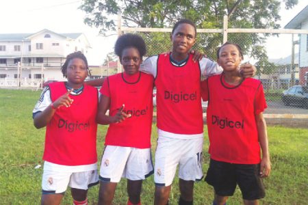  The scorers (L-R) Ozeal Small, Azuma Small, Royston Dublin and Seon Taylor from St. George’s Secondary after defeating Carmel Secondary at the Eve Leary Sport Club ground yesterday afternoon.
