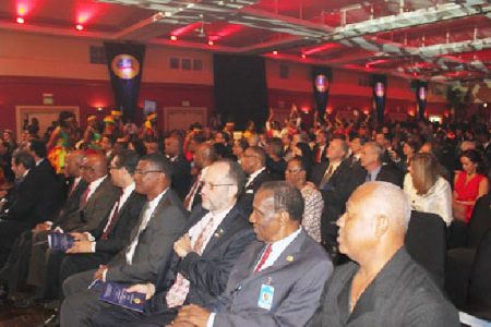 Ambassador Irwin LaRocque, Secretary-General of the Caribbean Community, third from right, at the event to celebrate the 40th anniversary of the Community at the Chaguaramas Convention Centre, Chaguaramas, Trinidad and Tobago on Wednesday. Seated next to him is former Secretary-General Sir Edwin Carrington (second from right). (Caricom Photo)
