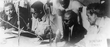 The Treaty of Chaguaramas that brought the Caribbean Community (CARICOM) into existence was signed in Chaguaramas, Trinidad and Tobago on 4 July 1973. The original signatories to the Treaty were (from left) Prime Ministers  Errol Barrow of Barbados, Forbes Burnham of Guyana,  Eric Williams of Trinidad and Tobago and Michael Manley of Jamaica. (Caricom Photo)