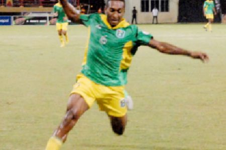 Golden Jaguars’ Ricky Shakes in action at the Guyana National Stadium, Providence.
