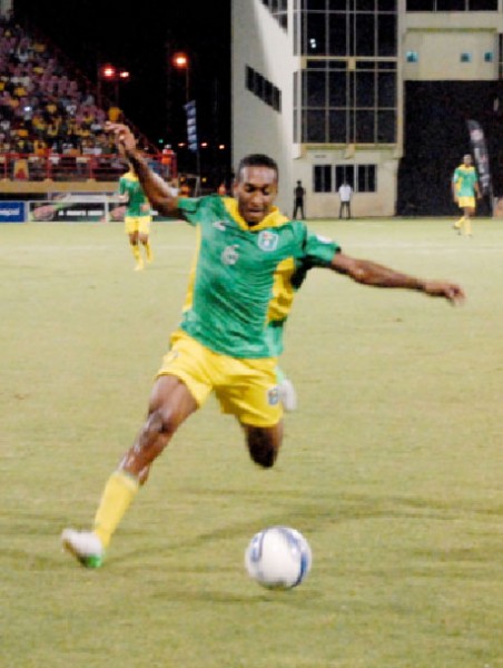 Golden Jaguars’ Ricky Shakes in action at the Guyana National Stadium, Providence. 