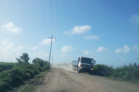 The driver of this heavy-duty truck was almost flying down the Burma Road, Region 5 with not a care in the world. Some residents blame speeding by drivers of these vehicles for the rapid deterioration of the road.
