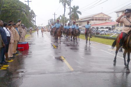 Mounted: The Guyana Police Force mounted branch during the parade around the streets of Georgetown on Saturday as the police celebrated their 174th Anniversary with a massive route march. (GINA photo)
