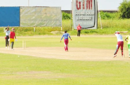Christopher Barnwell is lbw to Veerasammy Permaul during the warm up 50-overs a side match played at the Everest Cricket Ground yesterday.
