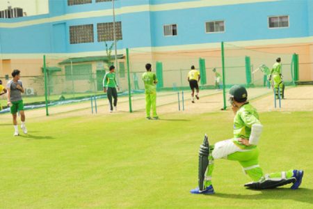 Pakistan going through their net session at the Guyana National Stadium yesterday (See story on page 26)
