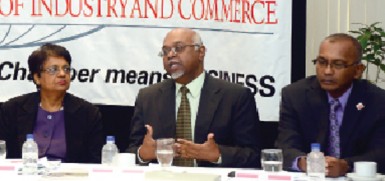 Donald Baldeosingh, centre, ENMAN Group president, makes a point during Wednesday’s conference on “Trinidad and Tobago – Guyana Connections” hosted by the Chamber of Commerce at its Westmoorings headquarters. Flanking him are Sandra Indar, permanent secretary, Ministry of Trade, and chamber president Moonilal Lalchan. 