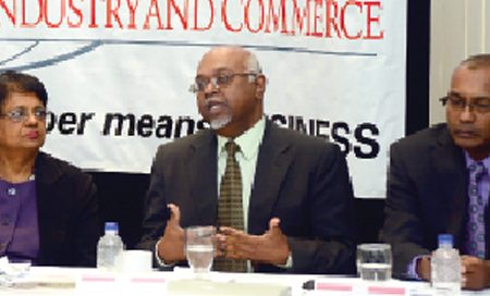 Donald Baldeosingh, centre, ENMAN Group president, makes a point during Wednesday’s conference on “Trinidad and Tobago – Guyana Connections” hosted by the Chamber of Commerce at its Westmoorings headquarters. Flanking him are Sandra Indar, permanent secretary, Ministry of Trade, and chamber president Moonilal Lalchan.
