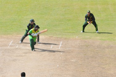 Narsingh Deonarine nudges one through the slip cordon in his innings of 55.