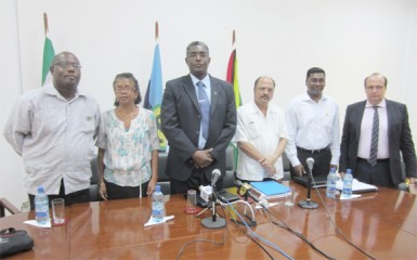 From left: Dr Rudolph Cummings of Caricom, Suriname’s Chief Medical Officer Marthelis Earsel, Suriname Health Minister Dr Michel Blokland, Guyana’s Health Minister Dr Bheri Ramsaran, Guyana’s Chief Medical Officer Dr Shamdeo Persaud and Dr Robert Cazal-Gamesl representing PANCAP and GIZ headed a press conference which outlined the objectives of the first ever Bi-National Commission for Collaboration on health for Guyana and Suriname 