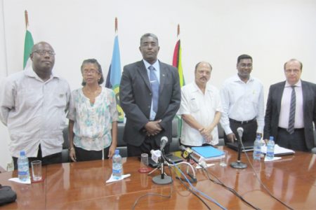 From left: Dr Rudolph Cummings of Caricom, Suriname’s Chief Medical Officer Marthelis Earsel, Suriname Health Minister Dr Michel Blokland, Guyana’s Health Minister Dr Bheri Ramsaran, Guyana’s Chief Medical Officer Dr Shamdeo Persaud and Dr Robert Cazal-Gamesl representing PANCAP and GIZ headed a press conference which outlined the objectives of the first ever Bi-National Commission for Collaboration on health for Guyana and Suriname
