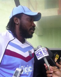  Chris Gayle speaking to the media yesterday.