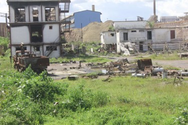 What remains of the Linmine Secretariat compound where buildings that once housed the Linden Electricity Co. Inc and the Linden Care Foundation were located. They were all ravaged by a fire set on July 18, 2012, after three persons were shot dead by police and dozens more wounded. (Arian Browne photo).