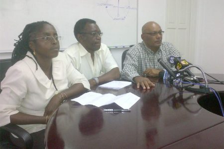 GPL’s Network Operations Manager Shaun Hamlet (left), Director of Operations Elwyn Marshal (centre) and CEO Bharat Dindyal addressing the news conference yesterday 