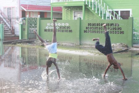 Children doing handstands in the floodwater of First Street, Alexander Village yesterday (Photo by Arian Browne)