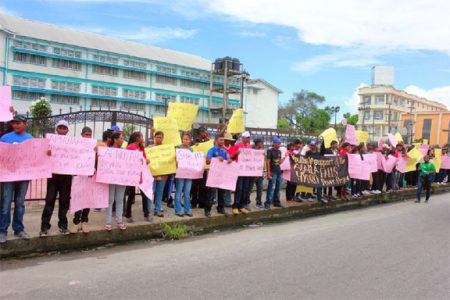 In favour of Amaila: The Progressive Youth Organisation, the youth arm of the ruling PPP, yesterday staged a protest on Brickdam, near Parliament, in favour of the Amaila Falls Hydro Project.  The protest coincided with a sitting of Parliament yesterday. (Arian Browne photo)