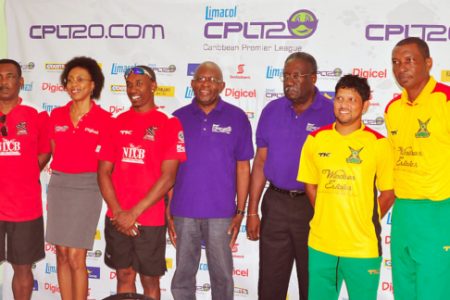 Members of the head table, from left Tobago’s Red Steel Head Coach Gordon Greenidge, Digicel Head of Marketing, Jacqueline James, Red Steel’s skipper, Dwayne Bravo, Event Operations Officer of the LCPL, Alex Graham, Limacol Brand Ambassador Clive Lloyd, Amazon Warriors Captain Ramnaresh Sarwan and Amazon Warriors Head Coach Roger Harper.