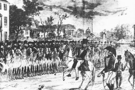 The Demerara Cavalry mustering outside the Royal Hotel in what is now Avenue of the Republic during the 1823 Rising