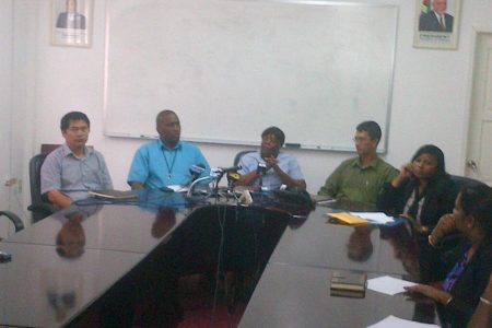 Operations and Planning Engineer Kempton France (second from left) and Project Manager Gayle Best (centre), along with other GPL officials during GPL’s press engagement