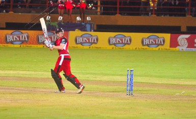 Kevin O’ Brien of the Trinidad and Tobago Red Steel is bowled by Man of the match Krishmar Santokie. 