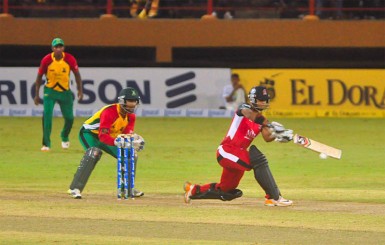 Nicholas Pooran on the attack during his aggressive half century for the Trinidad and Tobago’s Red Steel 