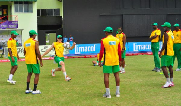 Amazon Warriors opener Martin Guptill doing some football training yesterday. 