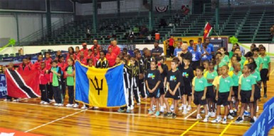 Guyana along with Aruba, Barbados, Dominican Republic and Trinidad and Tobago at the Opening Ceremony of 8th Caribbean Regional Pre-Cadet Table Tennis Championship at the Cliff Anderson Sports Hall yesterday evening. (Orlando Charles photo) 