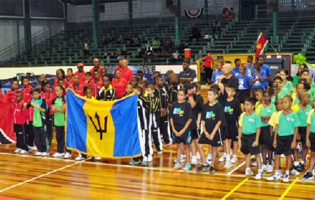 Guyana along with Aruba, Barbados, Dominican Republic and Trinidad and Tobago at the Opening Ceremony of 8th Caribbean Regional Pre-Cadet Table Tennis Championship at the Cliff Anderson Sports Hall yesterday evening. (Orlando Charles photo)