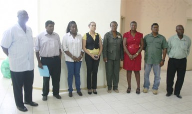 From left to right are Mortimer Mingo, Chairman of the new management board of the Linden Hospital Complex; Dr. Farouk Riyasat, Chief Executive Officer, Linden Hospital Complex; Valerie Patterson; Jonellor Bowen, Linden Town Clerk; Hazel Langellier, NIS, Linden; Maylene Stephens, Deputy REO, Region Ten; Raymond Sankar; and Patrick Dublin. Board member Dr. Pansy Armstrong, Region Health Officer is absent from photo.