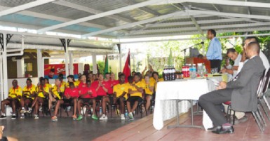 Minister of sport Dr Frank Anthony speaking at the opening ceremony of the 2013 Digicel senior Caribbean Squash Championships at the Georgetown Club Squash Courts. (Orland Charles photo) 