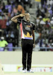 AYE! AYE! CAPTAIN! Sheldon Cotterell celebrates after taking one of his four wickets. (photo courtesy of CPLT20 website) 