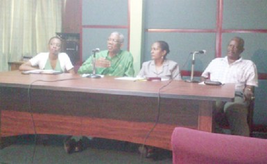 APNU Leader David Granger addressing reporters yesterday. At left is APNU Public Relations Officer Malika Ramsey, while from right are APNU MPs Winston Felix and Debra Backer. 