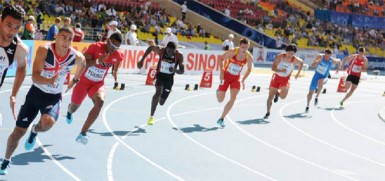 Winston George, second from right in action during the 200m heats at the World Championships yesterday. (Photo Courtesy of IAAF website) 