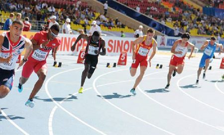 Winston George, second from right in action during the 200m heats at the World Championships yesterday. (Photo Courtesy of IAAF website)
