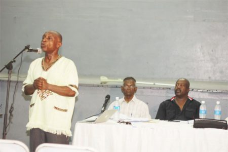 APNU MP Carl Greenidge addressing a forum that the Working People’s Alliance convened at the Saint Stanislaus College on the controversy-wracked project Amaila Falls Hydropower Project yesterday (Photo by Arian Browne)