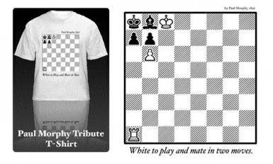 The problem as depicted in the diagram, was created by Paul Morphy when he was ten years old in 1847. Nowadays, it is popularly worn on T-shirts. It is White to move and checkmate in two. Can you see the combination? 