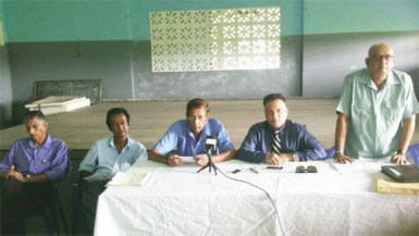 Members of the head table at yesterday’s opening ceremony, from left, Davteerth Anandjit, Judister Rampersaud, Shane Kumar Singh, Bissoondyal Singh and Tota Mangar.