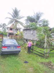 Bibi Seepersaud standing in front of the walkway she has to use to get in and out of her home (second house in picture). The squatter obstructing her ingress and egress is the first house in the picture.
