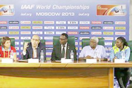 The IAAF Ambassadors Press Conference: Tatyana Lebedeva, Esser Gabriel and the Bahamas delegation ( Minister of Youth, Sports and Culture, the Hon Daniel Johnson; President of BAAA, Mike Sands; and IAAF Council member, Pauline Davis-Thompson)
