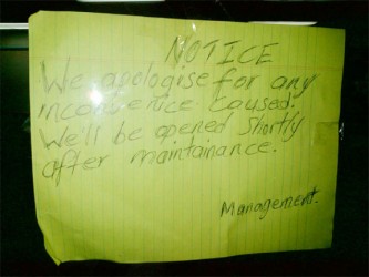 This is one of the makeshift notices which was posted on both doors of KFC’s Stabroek outlet