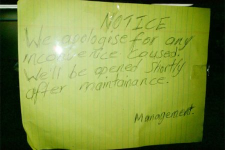 This is one of the makeshift notices which was posted on both doors of KFC’s Stabroek outlet