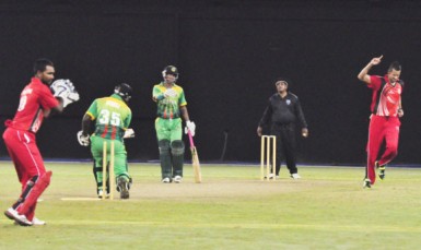 Anthony Bramble is bowled by Man of the match winner Rayad Emrit. 