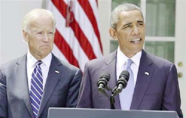President Barack Obama with Vice-President Joe Biden beside him makes his announcement in the White House Rose Garden yesterday. (Reuters/Mike Theiler) 