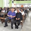 President Donald Ramotar (left in front pew) speaking with Opposition Leader David Granger at the funeral service of the late Harold B Davis yesterday at the Trinity Methodist Church. (GINA photo)